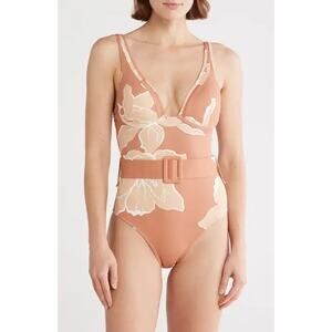Hutch Underwire Belted Floral One Piece Swimsuit Bathing Suit Hazel Tan XS